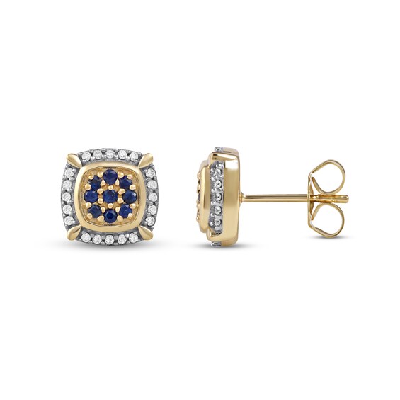 Men's Blue Sapphire and 0.115 CT. T.W. Diamond Cluster Cushion Frame Four-Corner Accent Stud Earrings in 10K Gold