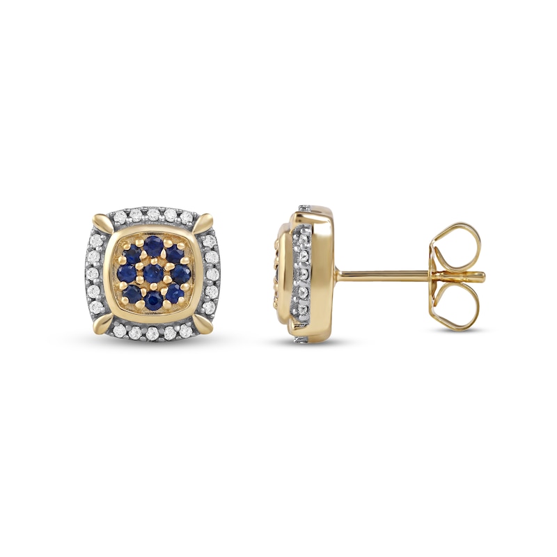 Men's Blue Sapphire and 0.115 CT. T.W. Diamond Cluster Cushion Frame Four-Corner Accent Stud Earrings in 10K Gold