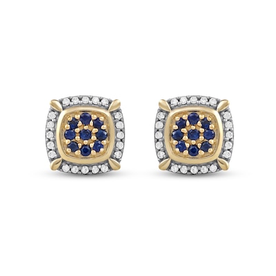Men's Blue Sapphire and 0.115 CT. T.W. Diamond Cluster Cushion Frame Four-Corner Accent Stud Earrings in 10K Gold