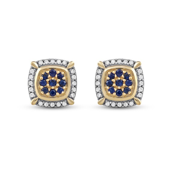Men's Blue Sapphire and 0.115 CT. T.W. Diamond Cluster Cushion Frame Four-Corner Accent Stud Earrings in 10K Gold
