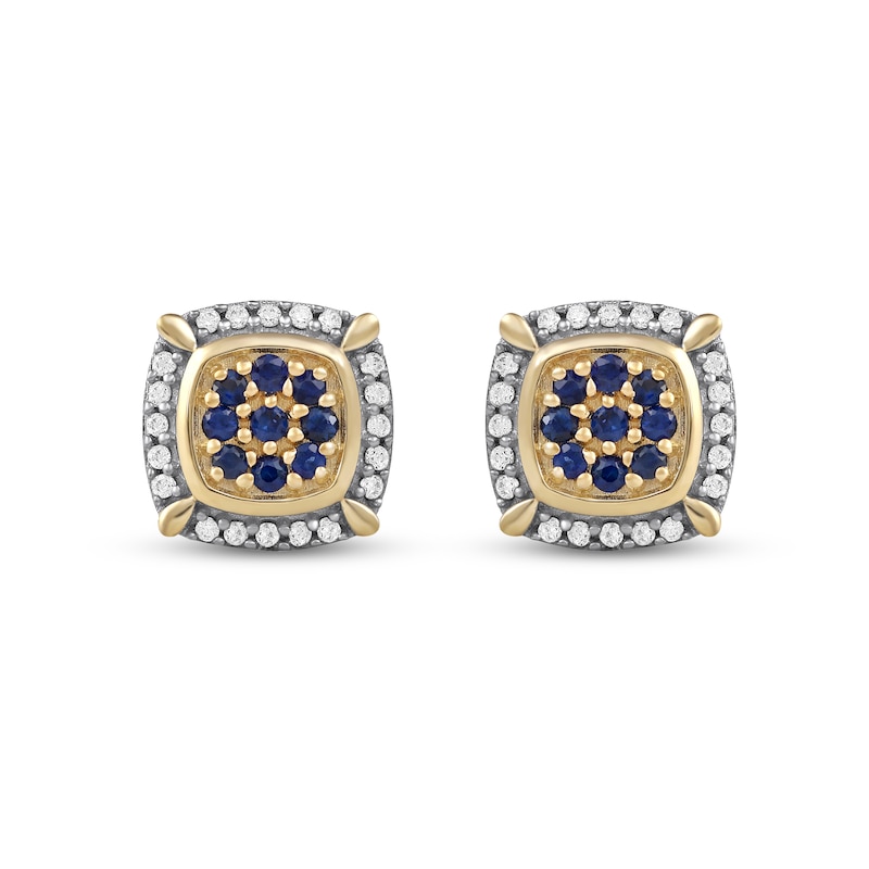Men's Blue Sapphire and 0.115 CT. T.W. Diamond Cluster Cushion Frame Four-Corner Accent Stud Earrings in 10K Gold