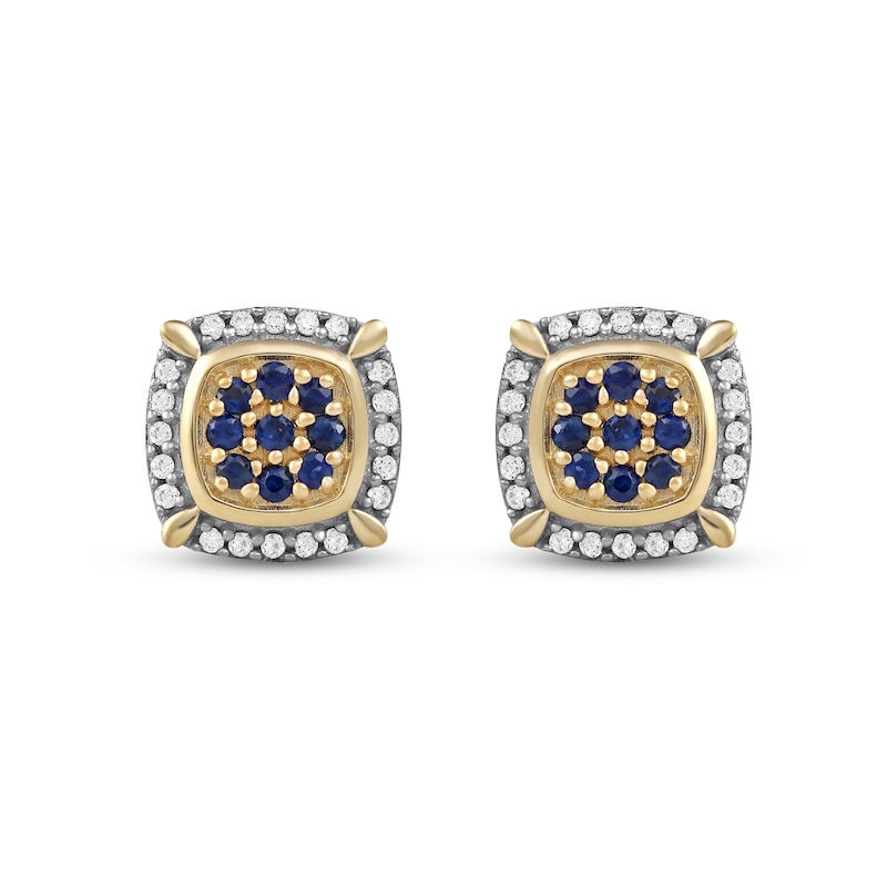 Men's Blue Sapphire and 0.115 CT. T.W. Diamond Cluster Cushion Frame Four-Corner Accent Stud Earrings in 10K Gold|Peoples Jewellers