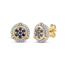 Men's Blue Sapphire and 0.115 CT. T.W. Diamond Cluster Frame Trio Accent Stud Earrings in 10K Gold