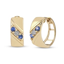 Men's Blue Sapphire and Diamond Accent Three Stone Slant Huggie Hoop Earrings in 10K Gold