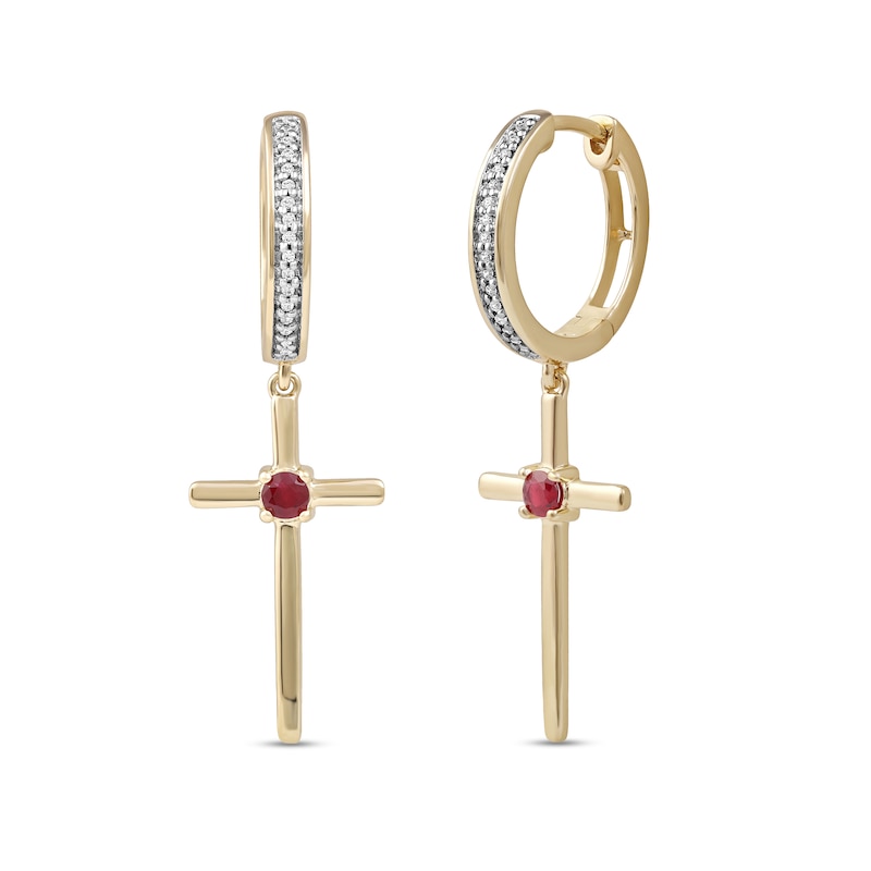 Men's 3.0mm Ruby and 0.086 CT. T.W. Diamond Cross Dangle Drop Earrings in 10K Gold|Peoples Jewellers