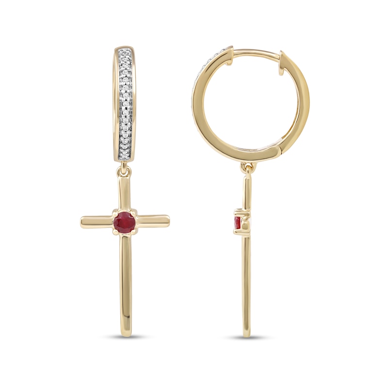 Men's 3.0mm Ruby and 0.086 CT. T.W. Diamond Cross Dangle Drop Earrings in 10K Gold|Peoples Jewellers