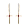 Thumbnail Image 2 of Men's 3.0mm Ruby and 0.086 CT. T.W. Diamond Cross Dangle Drop Earrings in 10K Gold