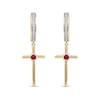 Thumbnail Image 2 of Men's 3.0mm Ruby and 0.086 CT. T.W. Diamond Cross Dangle Drop Earrings in 10K Gold