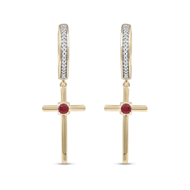 Men's 3.0mm Ruby and 0.086 CT. T.W. Diamond Cross Dangle Drop Earrings in 10K Gold