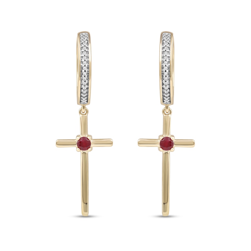 Men's 3.0mm Ruby and 0.086 CT. T.W. Diamond Cross Dangle Drop Earrings in 10K Gold|Peoples Jewellers