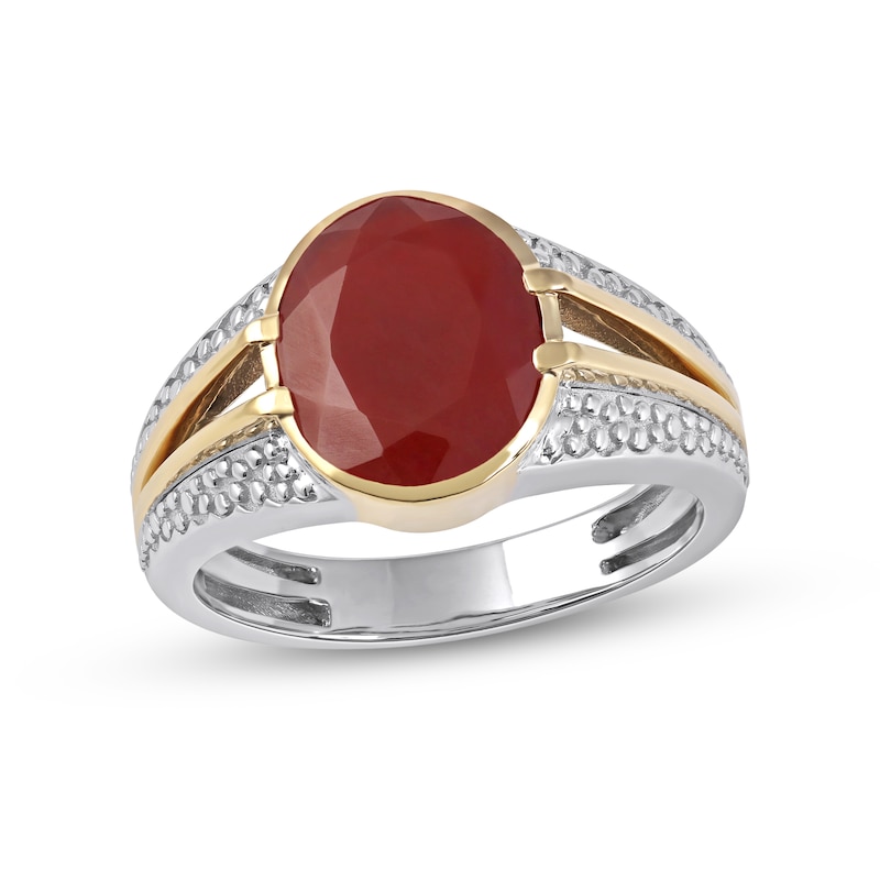 Men's Oval Red Agate Multi-Finish Split Shank Ring in Sterling Silver and 10K Gold