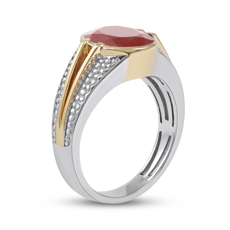 Main Image 2 of Men's Oval Red Agate Multi-Finish Split Shank Ring in Sterling Silver and 10K Gold
