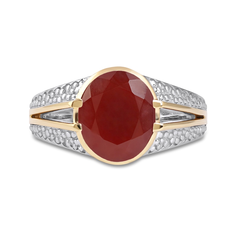 Main Image 3 of Men's Oval Red Agate Multi-Finish Split Shank Ring in Sterling Silver and 10K Gold
