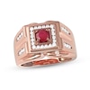 Thumbnail Image 0 of Men's 5.0mm Ruby and 0.45 CT. T.W. Diamond Square Frame Double Row with Groove Shank Ring in 10K Rose Gold