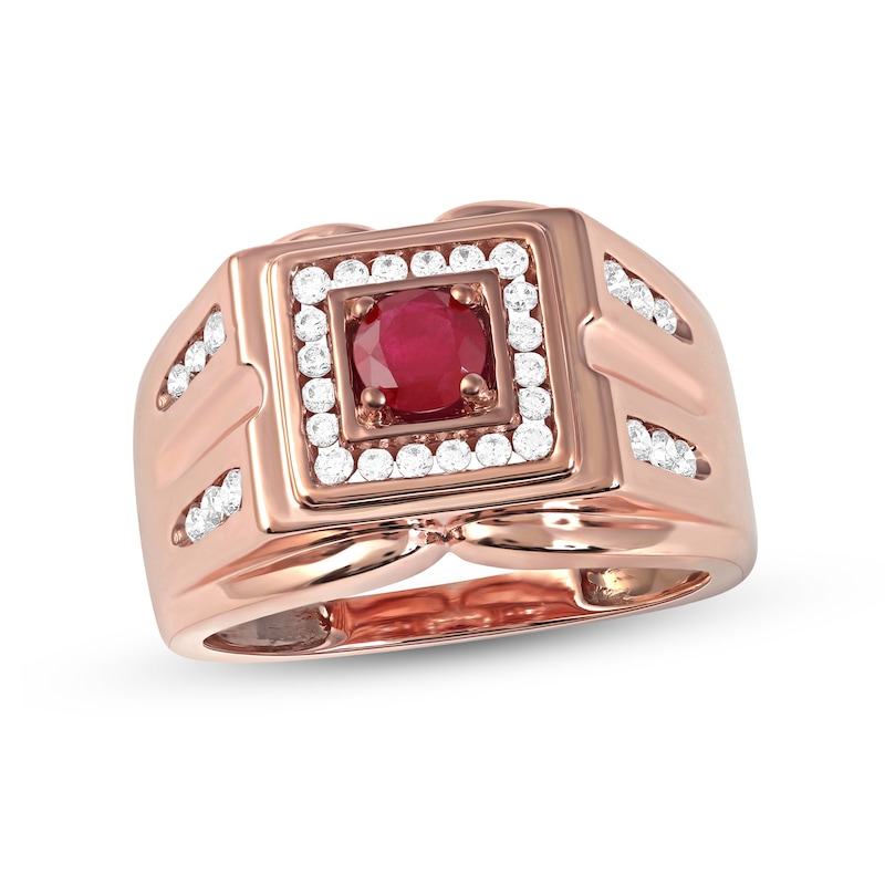 Men's 5.0mm Ruby and 0.45 CT. T.W. Diamond Square Frame Double Row with Groove Shank Ring in 10K Rose Gold