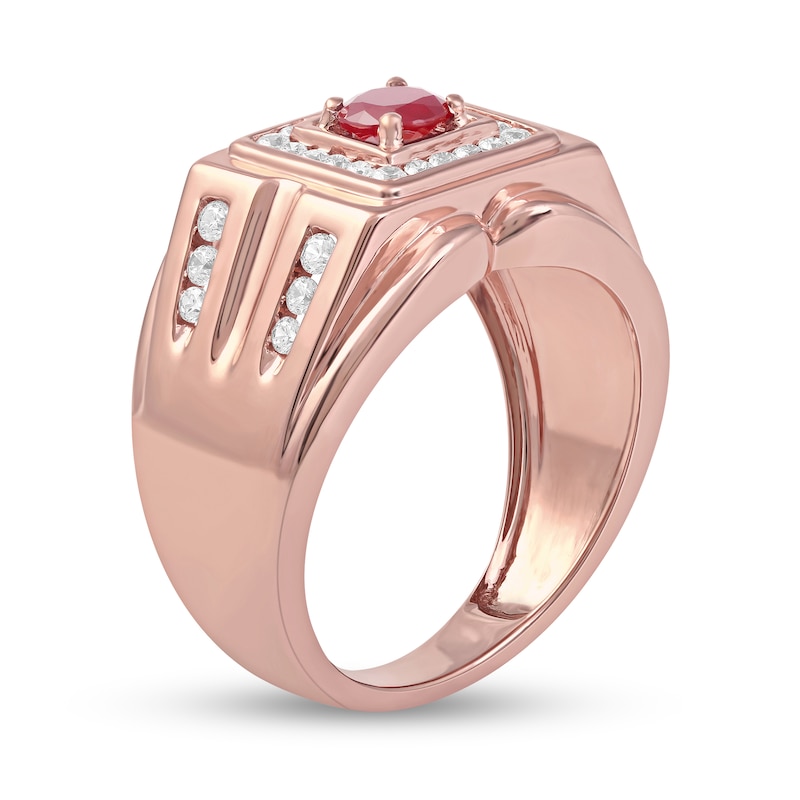 Men's 5.0mm Ruby and 0.45 CT. T.W. Diamond Square Frame Double Row with Groove Shank Ring in 10K Rose Gold