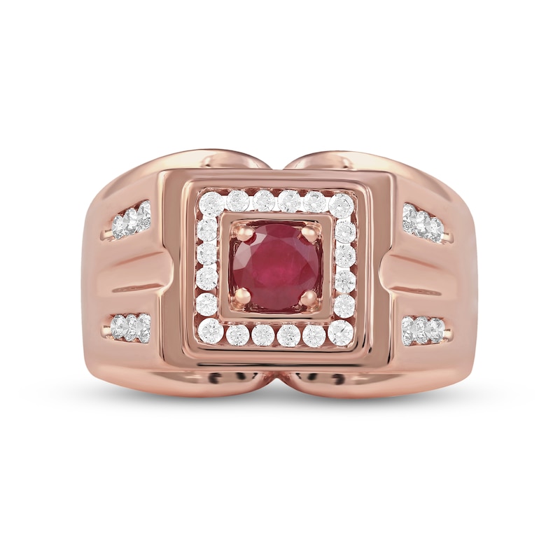 Men's 5.0mm Ruby and 0.45 CT. T.W. Diamond Square Frame Double Row with Groove Shank Ring in 10K Rose Gold