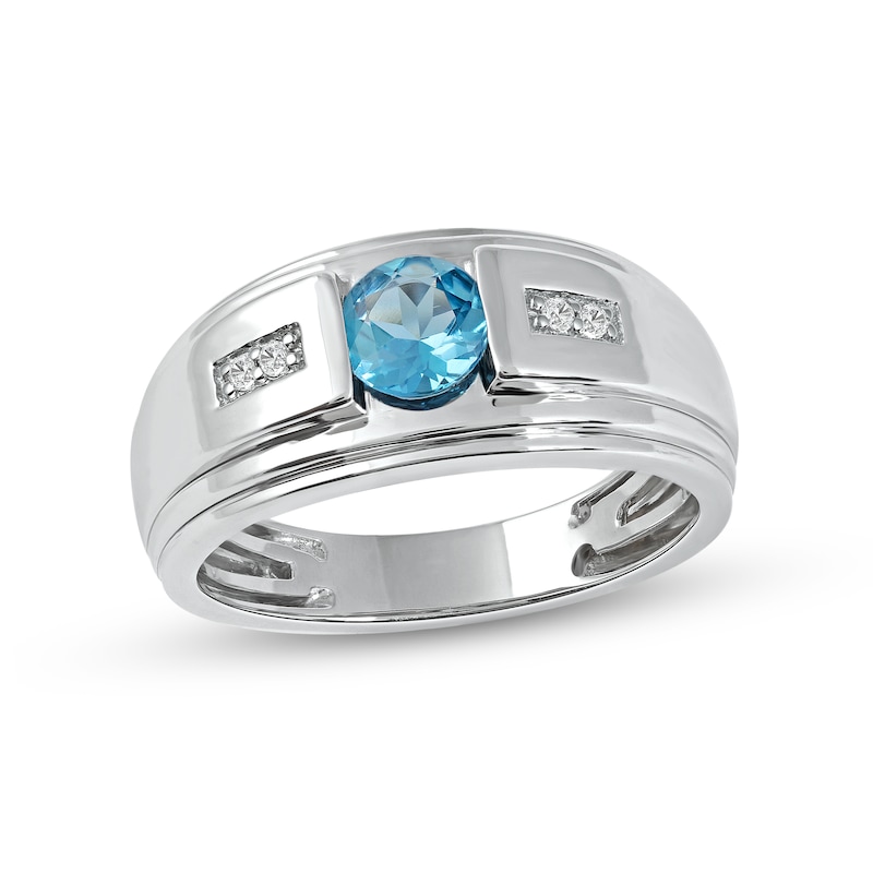 Men's 6.0mm Swiss Blue Topaz and 0.04 CT. T.W. Diamond Stepped Edge Ring in Sterling Silver|Peoples Jewellers