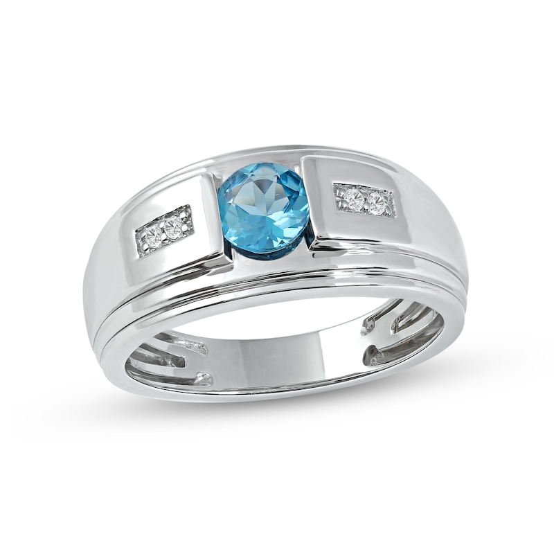 Main Image 1 of Men's 6.0mm Swiss Blue Topaz and 0.04 CT. T.W. Diamond Stepped Edge Ring in Sterling Silver