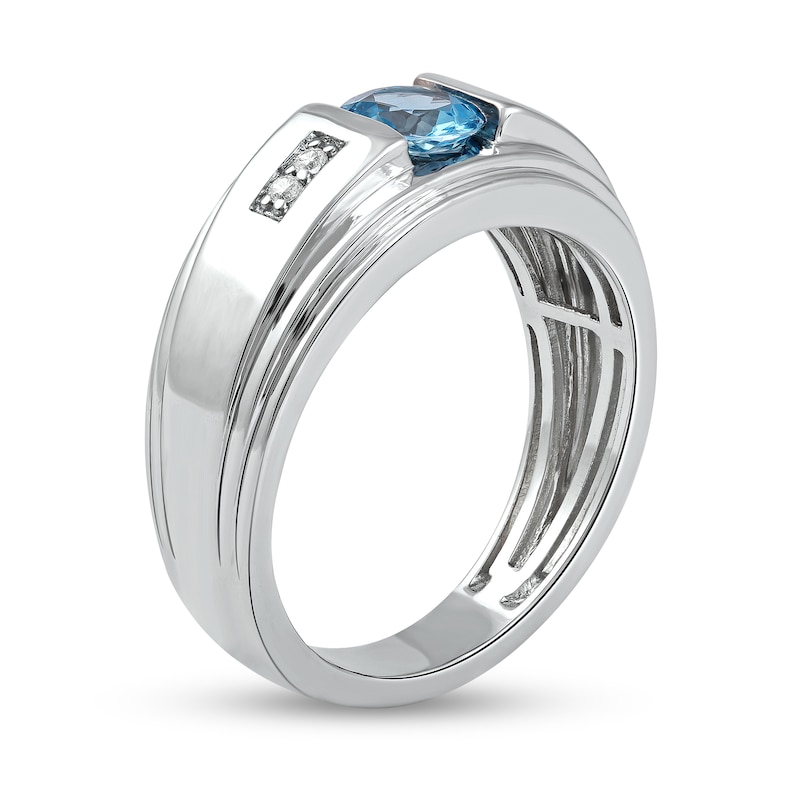Main Image 2 of Men's 6.0mm Swiss Blue Topaz and 0.04 CT. T.W. Diamond Stepped Edge Ring in Sterling Silver