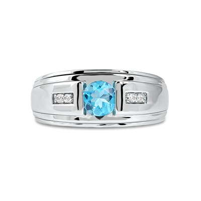 Men's 6.0mm Swiss Blue Topaz and 0.04 CT. T.W. Diamond Stepped Edge Ring in Sterling Silver