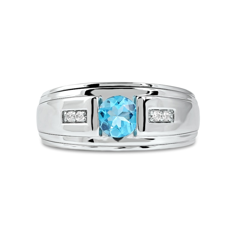 Main Image 3 of Men's 6.0mm Swiss Blue Topaz and 0.04 CT. T.W. Diamond Stepped Edge Ring in Sterling Silver