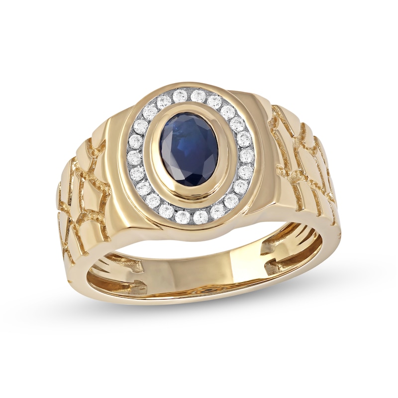 Men's Oval Blue Sapphire and 0.18 CT. T.W. Diamond Frame Nugget Shank Ring in 10K Gold|Peoples Jewellers