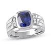 Thumbnail Image 0 of Men's Cushion-Cut Blue and White Lab-Created Sapphire Tri-Sides Triple Row Ribbed Shank Ring in Sterling Silver