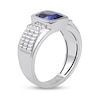 Men's Cushion-Cut Blue and White Lab-Created Sapphire Tri-Sides Triple Row Ribbed Shank Ring in Sterling Silver