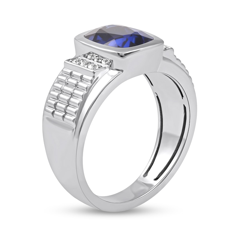 Men's Cushion-Cut Blue and White Lab-Created Sapphire Tri-Sides Triple Row Ribbed Shank Ring in Sterling Silver