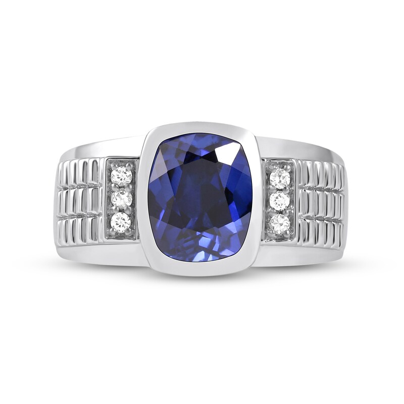 Men's Cushion-Cut Blue and White Lab-Created Sapphire Tri-Sides Triple Row Ribbed Shank Ring in Sterling Silver