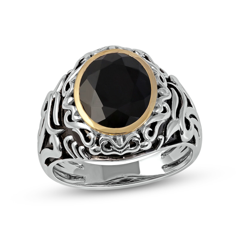 Men's Oval Black Onyx and Filigree Dome Shank Ring in Sterling Silver and 10K Gold