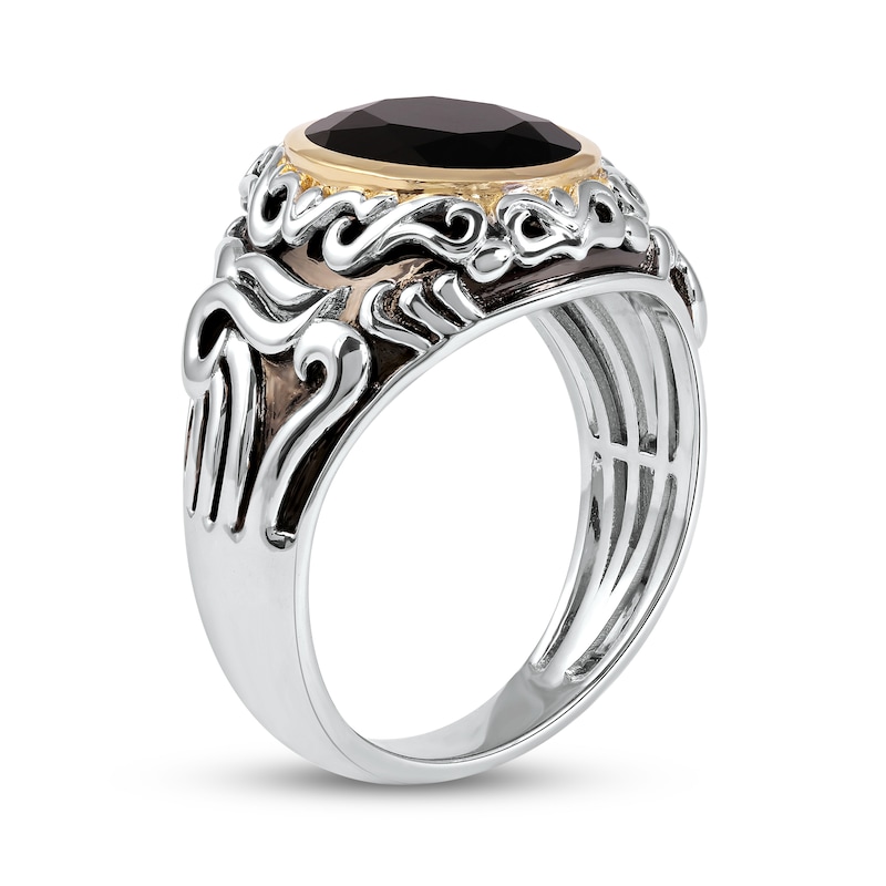 Main Image 2 of Men's Oval Black Onyx and Filigree Dome Shank Ring in Sterling Silver and 10K Gold