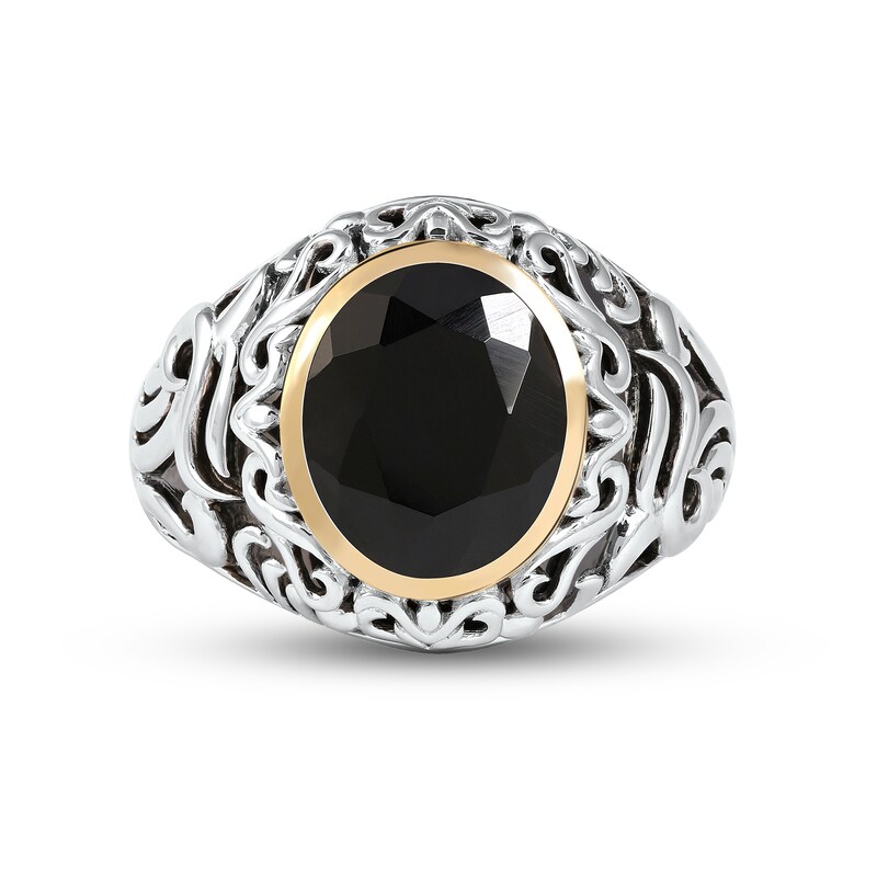 Main Image 3 of Men's Oval Black Onyx and Filigree Dome Shank Ring in Sterling Silver and 10K Gold