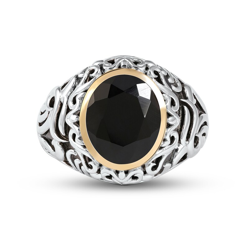 Men's Oval Black Onyx and Filigree Dome Shank Ring in Sterling Silver and 10K Gold