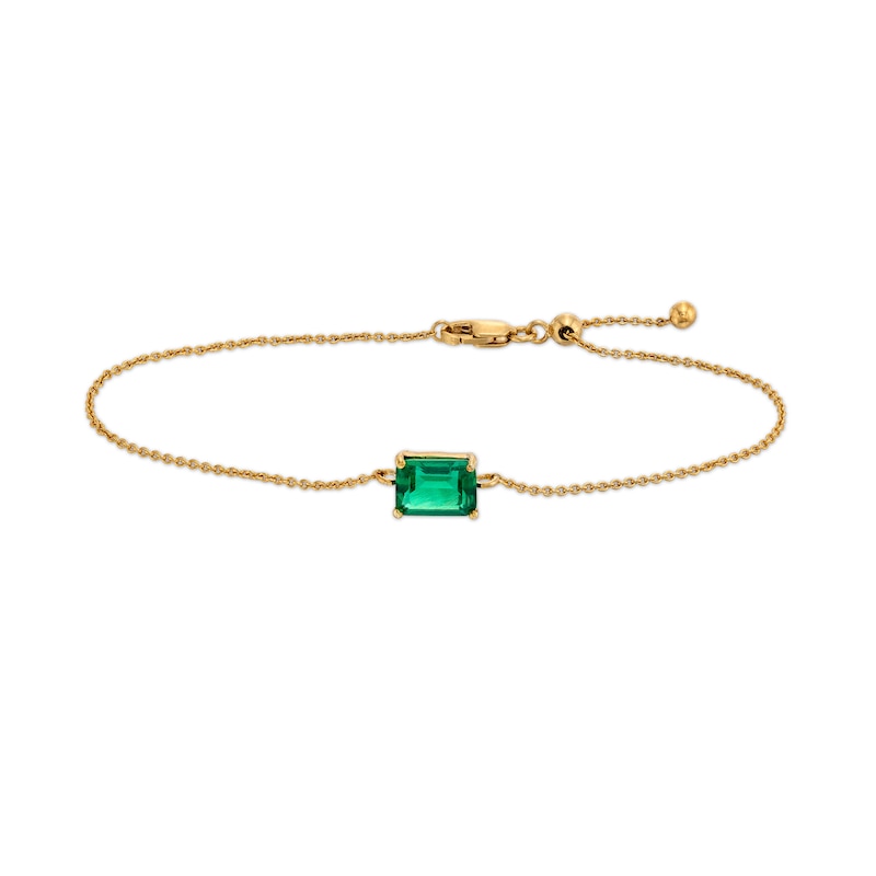 Sideways Octagonal Lab-Created Emerald Solitaire Adjustable Bracelet in 10K Gold - 7.5"