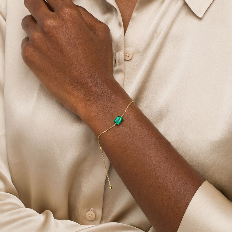Main Image 2 of Sideways Octagonal Lab-Created Emerald Solitaire Adjustable Bracelet in 10K Gold - 7.5"