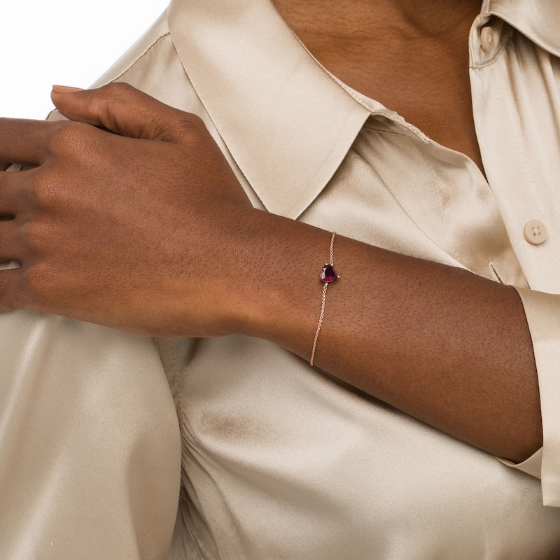 Main Image 2 of 7.0mm Heart-Shaped Rhodolite Garnet Solitaire Adjustable Bracelet in 10K Rose Gold - 7.5"