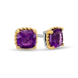 6.0mm Cushion-Cut Amethyst Solitaire Rope-Textured Frame Stud Earrings in Sterling Silver and 10K Gold