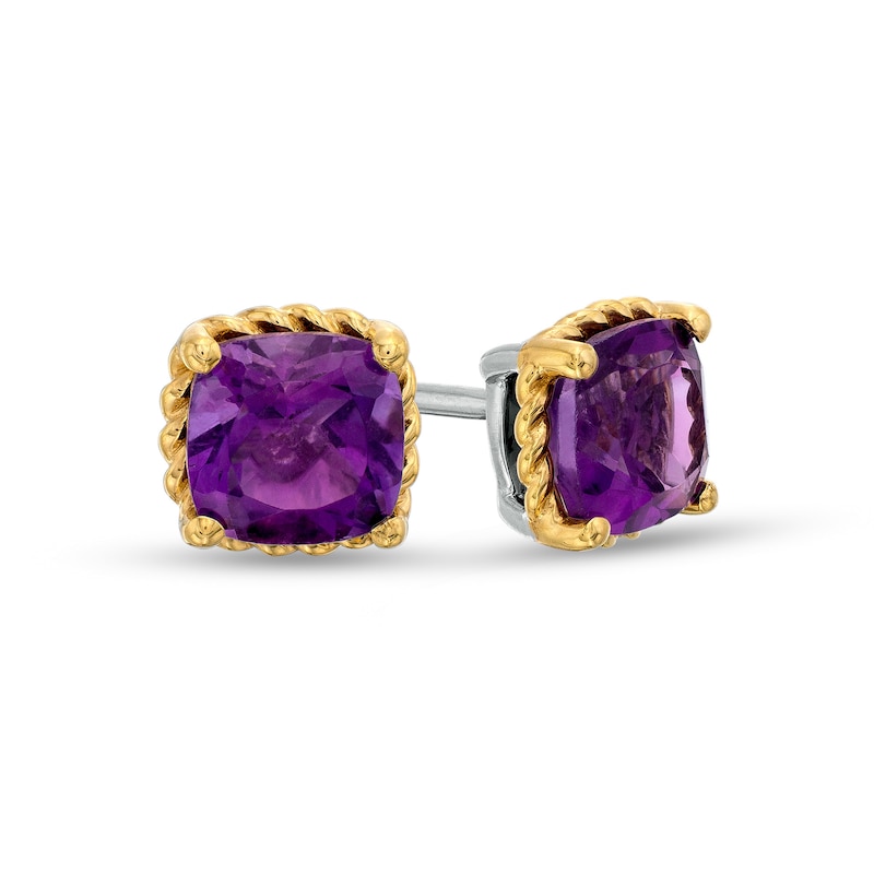 6.0mm Cushion-Cut Amethyst Solitaire Rope-Textured Frame Stud Earrings in Sterling Silver and 10K Gold|Peoples Jewellers