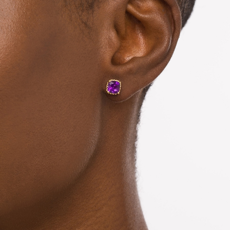 Main Image 2 of 6.0mm Cushion-Cut Amethyst Solitaire Rope-Textured Frame Stud Earrings in Sterling Silver and 10K Gold
