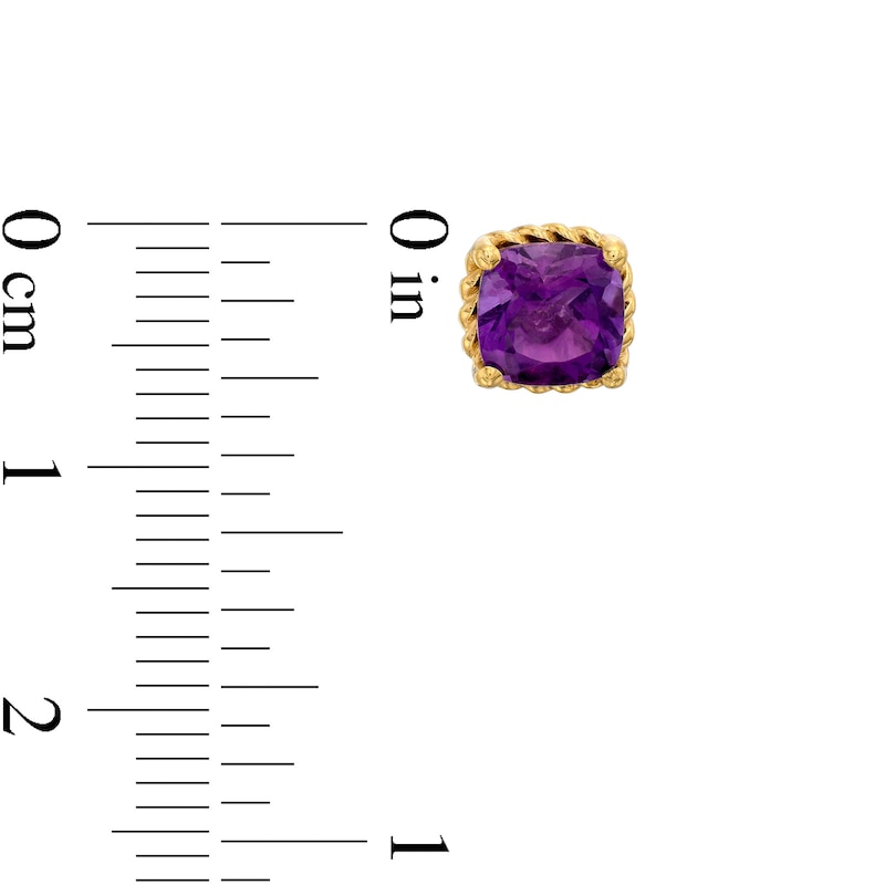 Main Image 3 of 6.0mm Cushion-Cut Amethyst Solitaire Rope-Textured Frame Stud Earrings in Sterling Silver and 10K Gold