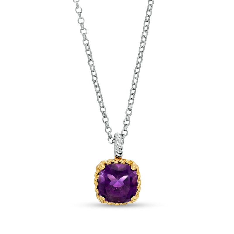 7.0mm Cushion-Cut Amethyst Solitaire Rope-Textured Frame Drop Pendant in Sterling Silver and 10K Gold