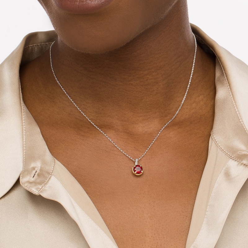 Main Image 2 of 7.0mm Garnet Solitaire Rope-Textured Frame Drop Pendant in Sterling Silver and 10K Gold