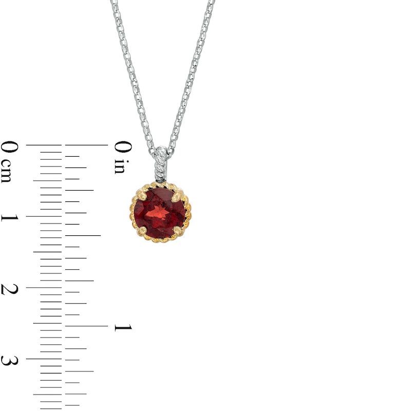 7.0mm Garnet Solitaire Rope-Textured Frame Drop Pendant in Sterling Silver and 10K Gold