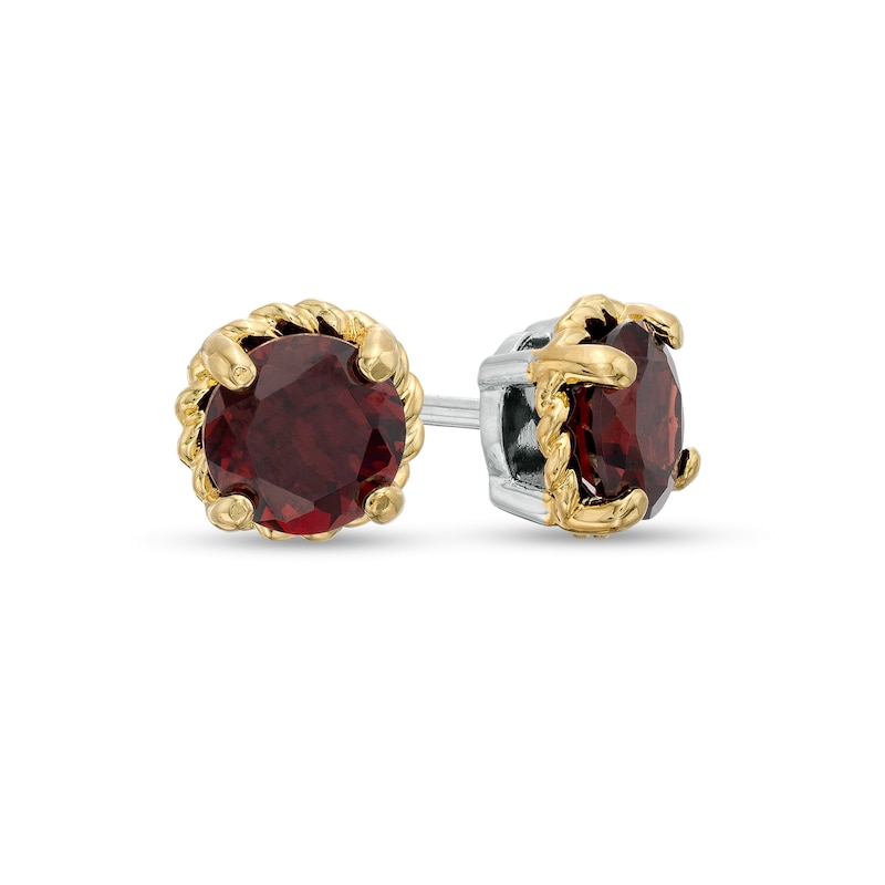 6.0mm Garnet Solitaire Rope-Textured Frame Stud Earrings in Sterling Silver and 10K Gold|Peoples Jewellers