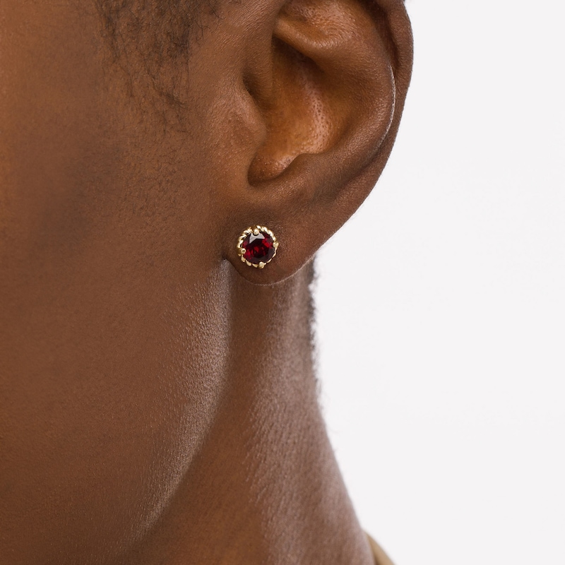 6.0mm Garnet Solitaire Rope-Textured Frame Stud Earrings in Sterling Silver and 10K Gold
