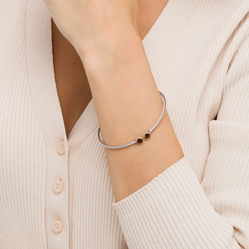 Main Image 2 of 5.0mm Garnet Rope-Textured Frame Twist Cuff in Sterling Silver and 10K Gold