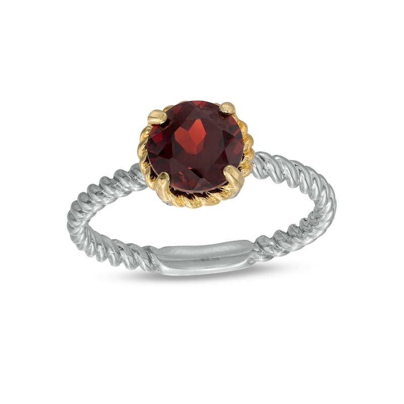 7.0mm Garnet Solitaire Rope-Textured Frame and Shank Ring in Sterling Silver and 10K Gold