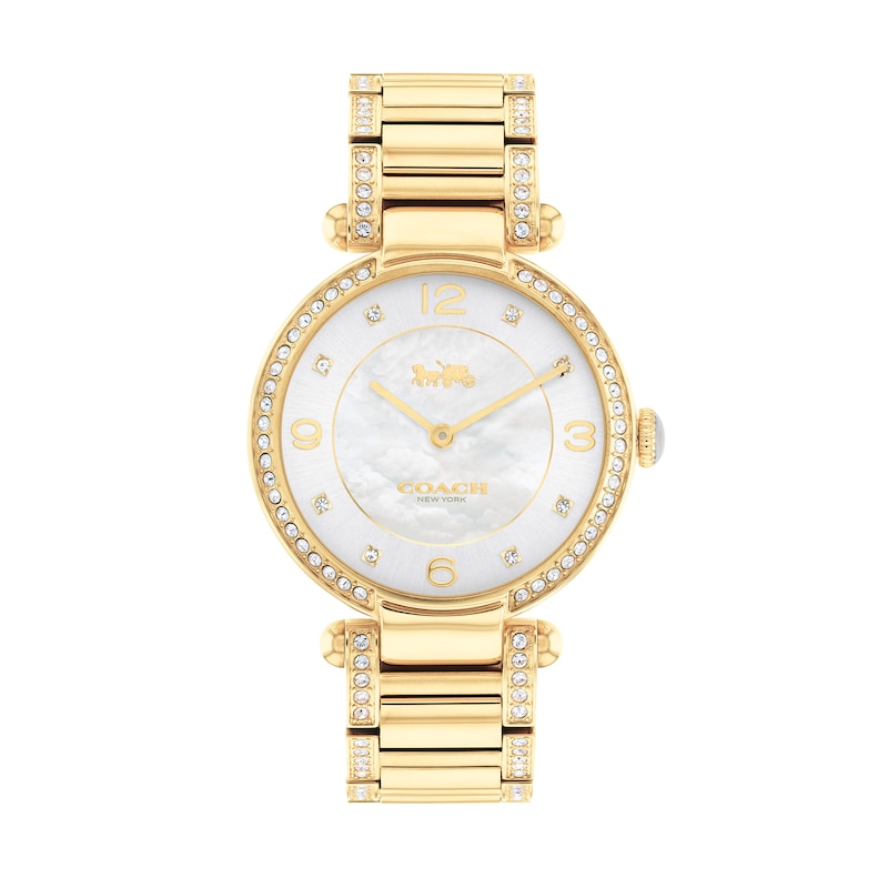 Ladies' Coach Cary Crystal Accent Gold-Tone Watch with Mother-of-Pearl Dial (Model: 14503832)|Peoples Jewellers